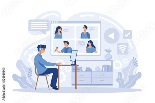 Video conference. People group on computer screen taking with colleague. Video conferencing and online communication vector concept. Illustration of communication screen conference, FLAT VECTOR ILLUST