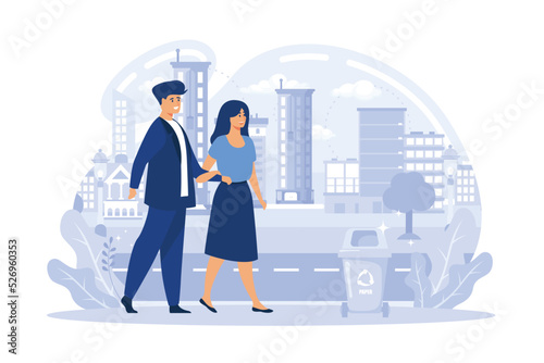 Ecology clean city metaphor, waste management recycling, caring nature and environment. People sport lifestyle and urban technology. No car day, garbage sorting and processing. flat vector illustratio