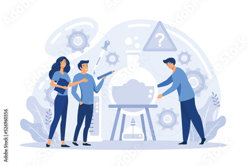 Teamwork solving complex problems, combining different talents to achieve common goal. Effective business solution strategy and complex task cooperation as successful performance process flat vector i