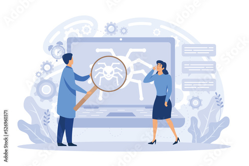 Tiny business people with digital devices testing demo software. Beta testing, new product testing, presale user experience flat vector illustration