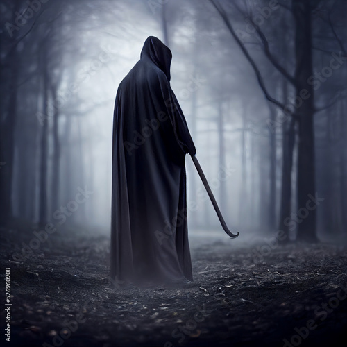 A cinematic style halloween hooded grim reaper type figure looking to the right standing in misty forest woodland.
