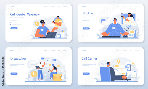 Call center operator web banner or landing page set. Technical support