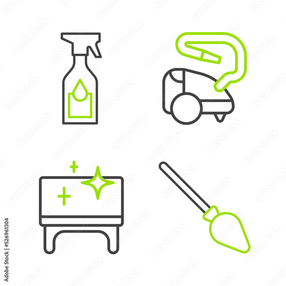 Fototapeta premium Set line Handle broom, Clean table, Vacuum cleaner and Cleaning spray bottle icon. Vector