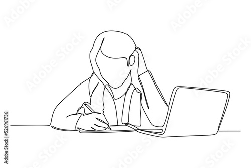 Young girl writing on the paper while studying in front of a not book. Continuous one line drawing vector illustration