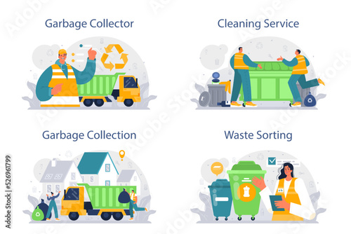 Grabage collector set. Cleaning worker emtying bin container into a garbage