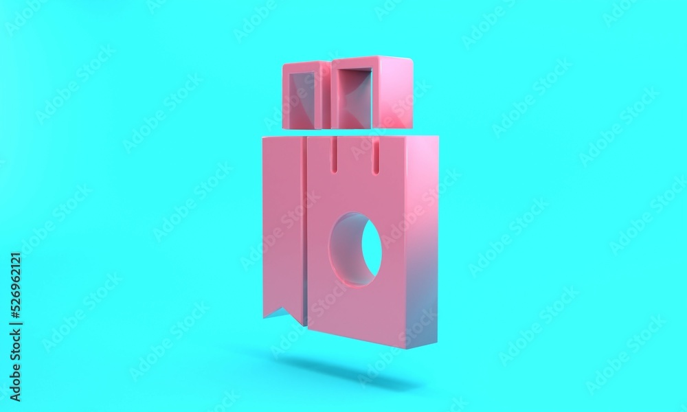 Pink Paper shopping bag icon isolated on turquoise blue background. Package sign. Minimalism concept. 3D render illustration Pink Paper shopping bag icon isolated on turquoise blue background. Package sign. Minimalism concept. 3D render illustration