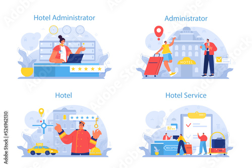Hotel administrator concept set. Tourism service, professional hotel stuff