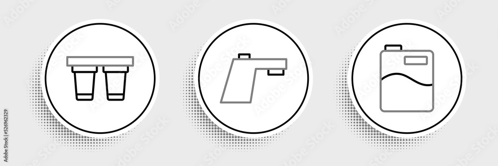 Set line Big bottle with clean water, Water filter and tap icon. Vector Set line Big bottle with clean water, Water filter and tap icon. Vector