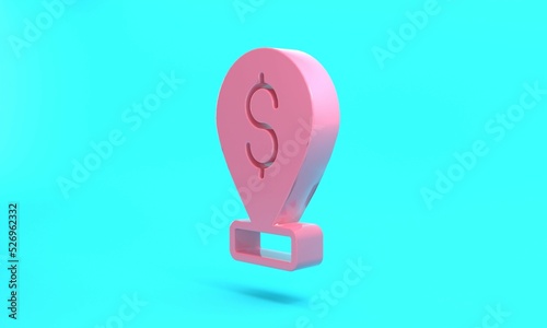 Pink Cash location pin icon isolated on turquoise blue background. Pointer and dollar symbol. Money location. Business and investment concept. Minimalism concept. 3D render illustration