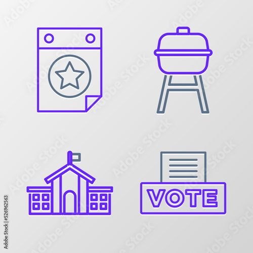 Set line Vote box, United States Capitol Congress, Barbecue grill and Calendar with date July 4 icon. Vector