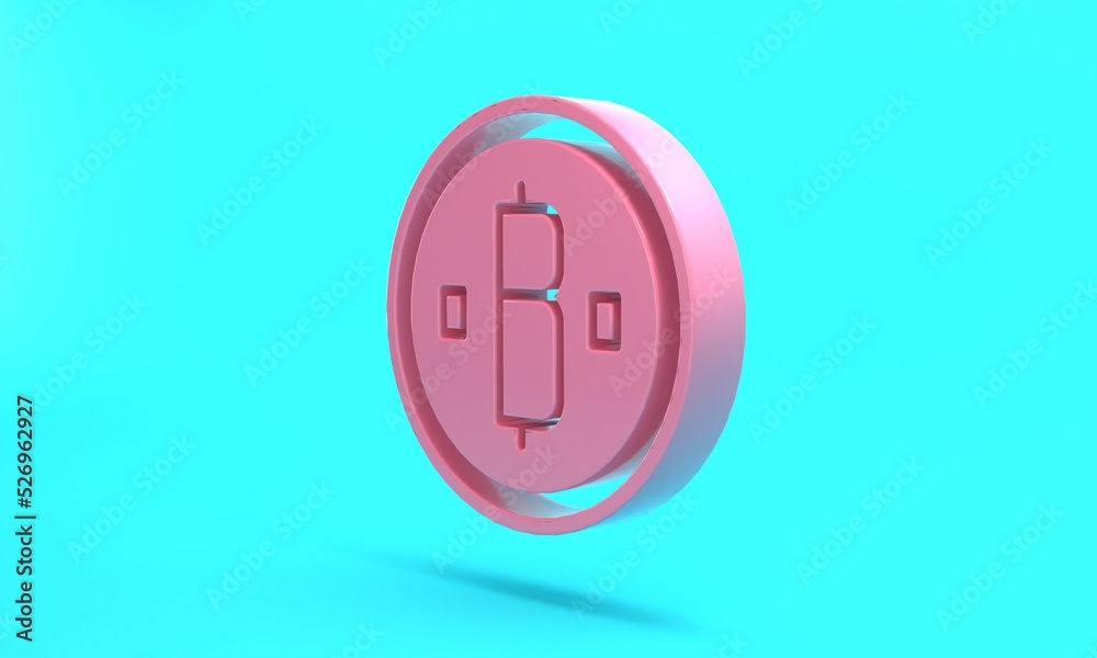 Pink Cryptocurrency coin Bitcoin icon isolated on turquoise blue background. Physical bit coin. Blockchain based secure crypto currency. Minimalism concept. 3D render illustration Pink Cryptocurrency coin Bitcoin icon isolated on turquoise blue background. Physical bit coin. Blockchain based secure crypto currency. Minimalism concept. 3D render illustration