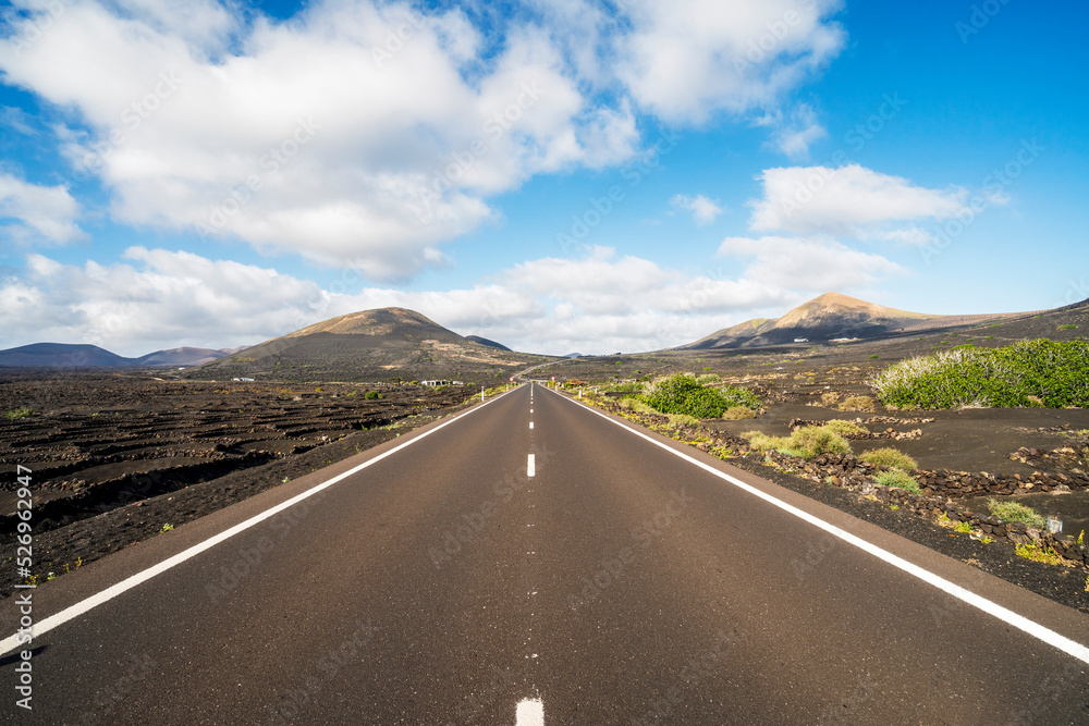 straight road among vineyards and volcanoes in Lanzarote, Canaray Islands, Spain