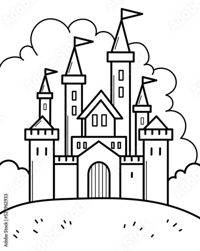 Vector illustration of fairy tale castle on the background of clouds. Coloring page with fantasy landscape.