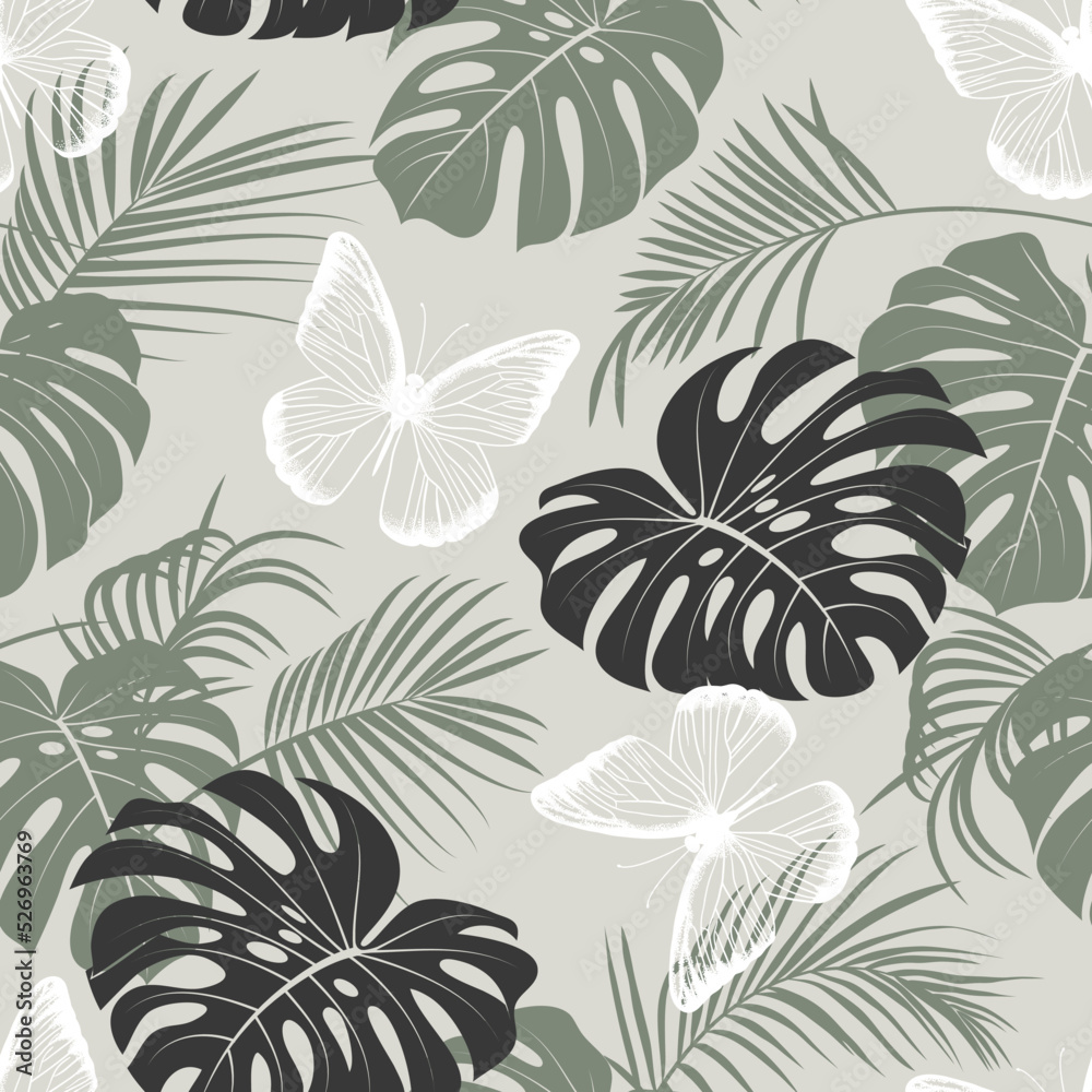 .Butterflies, palm leaves and monstera leaves. Vector seamless pattern. Exotic plants design..