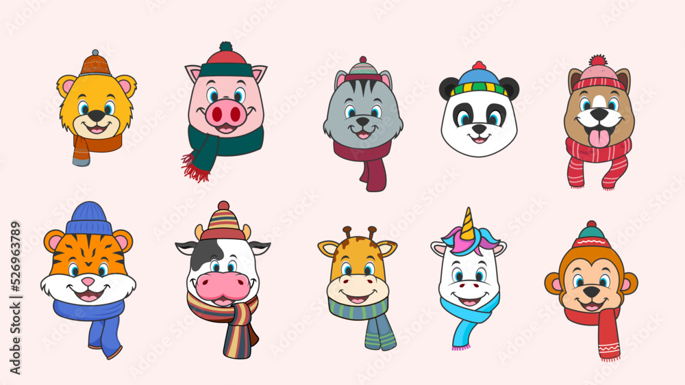 Set of Funny animals. Winter cute animals Set of Funny animals. Winter cute animals