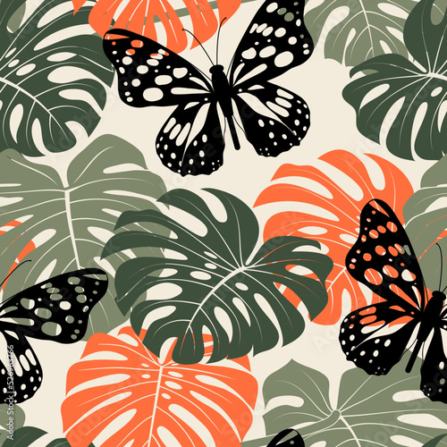 .Butterflies and monstera leaves. Vector seamless pattern. Exotic plants design.