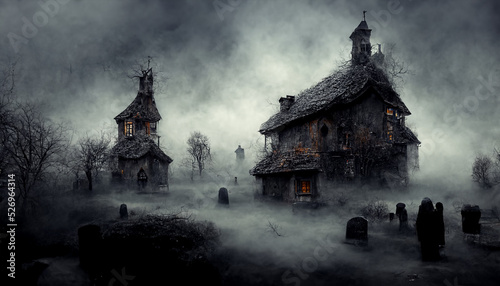 Haunted house with fog on Halloween night.3D illustration.Digital painting.