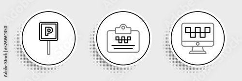 Set line Computer call taxi service, Parking and Taxi driver license icon. Vector