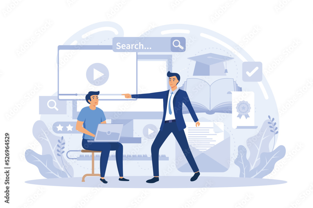 Webinar and employees training. Distance education, video tutorial. Online business conference, meeting and negotiations, partners agreement flat vector modern illustration Webinar and employees training. Distance education, video tutorial. Online business conference, meeting and negotiations, partners agreement flat vector modern illustration