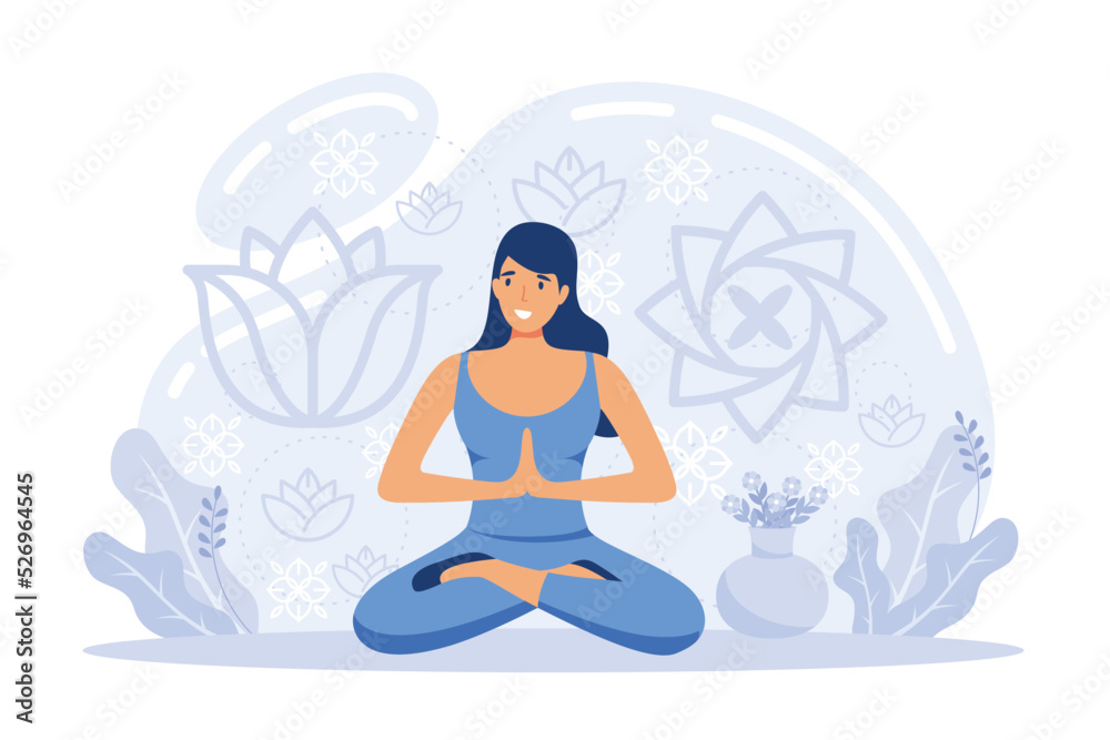 Meditation online. Self-management, self regulation learning, self-organization course, control over emotions Online yoga at home meditating Deals with stress management, zen and harmony illustration