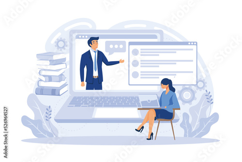 Webinar and employees training. Distance education, video tutorial. Online business conference, meeting and negotiations, partners agreement flat vector modern illustration