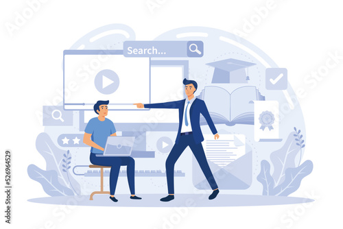 Webinar and employees training. Distance education, video tutorial. Online business conference, meeting and negotiations, partners agreement flat vector modern illustration