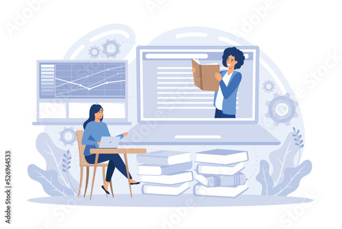 Student with laptop and lector at the LCD screen. Webinar, web seminars, webcasts, and peer-level web meetings. Modern education and collaborative sessions flat vector modern illustration