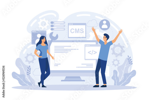 Content management system. Software engineering, database programming. CMS development, PHP MySql development, information architecture metaphors. flat vector modern illustration