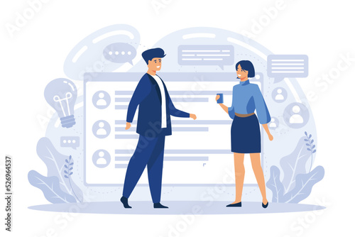 Human resources manager hiring employee or workers. HR management software, looking for job candidates. Employment, job search, application flat vector modern illustration