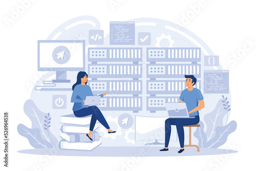 Content management system. Software engineering, database programming. CMS development, PHP MySql development, information architecture metaphors. flat vector modern illustration