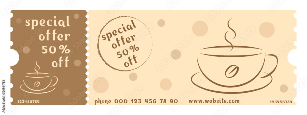 Coffee house coupon, special offer, discount. Discount coupon design. Delicious, fragrant coffee at a discount.