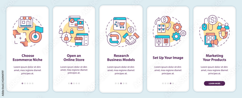 Starting ecommerce business steps onboarding mobile app screen. Walkthrough 5 steps editable graphic instructions with linear concepts. UI, UX, GUI template. Myriad Pro-Bold, Regular fonts used Starting ecommerce business steps onboarding mobile app screen. Walkthrough 5 steps editable graphic instructions with linear concepts. UI, UX, GUI template. Myriad Pro-Bold, Regular fonts used