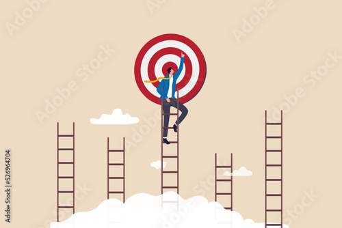 Ladder of success to reach goal or target, challenge to achieve goal, strategy or motivation to win competition, ambition or aspiration concept, businessman climb up the right ladder to reach goal.