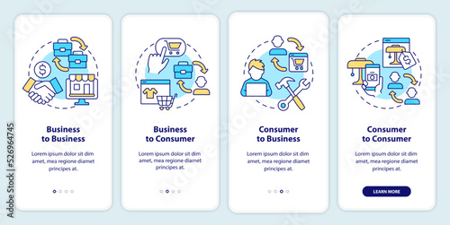 Online business models onboarding mobile app screen. Walkthrough 4 steps editable graphic instructions with linear concepts. UI, UX, GUI template. Myriad Pro-Bold, Regular fonts used