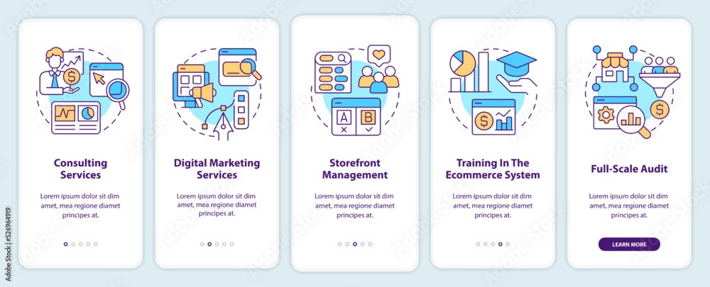 Online shop management services onboarding mobile app screen. Walkthrough 5 steps editable graphic instructions with linear concepts. UI, UX, GUI template. Myriad Pro-Bold, Regular fonts used Online shop management services onboarding mobile app screen. Walkthrough 5 steps editable graphic instructions with linear concepts. UI, UX, GUI template. Myriad Pro-Bold, Regular fonts used