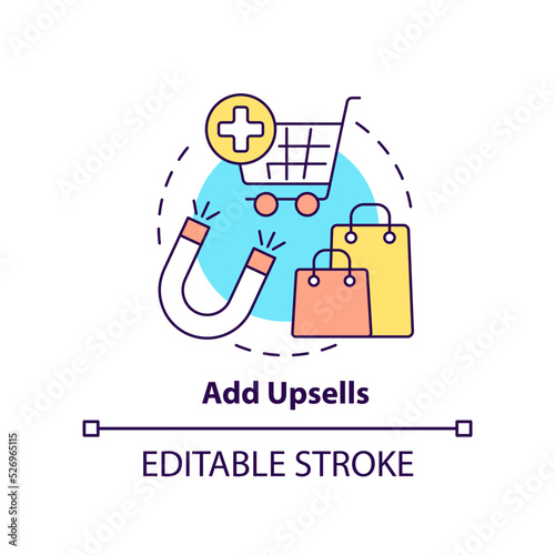 Add upsells concept icon. Sell complementary products. Optimizing online business abstract idea thin line illustration. Isolated outline drawing. Editable stroke. Arial, Myriad Pro-Bold fonts used
