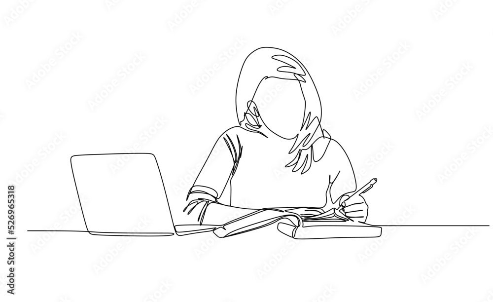 Young girl writing on the paper while studying in front of a not book