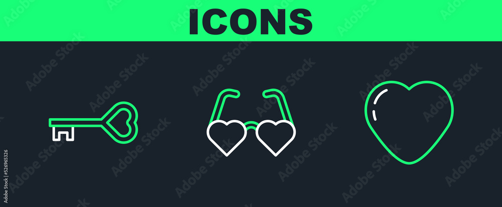 Set line Heart, Key in heart shape and shaped love glasses icon. Vector