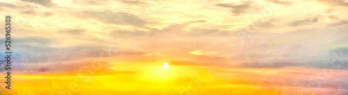 Sky looked like a bright golden sky. Bright orange sky and light of the sun. The sunrise is decorated with clouds in various shapes. Watercolor drawing picture