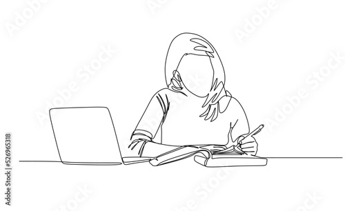 Young girl writing on the paper while studying in front of a not book. Continuous one line drawing vector illustration