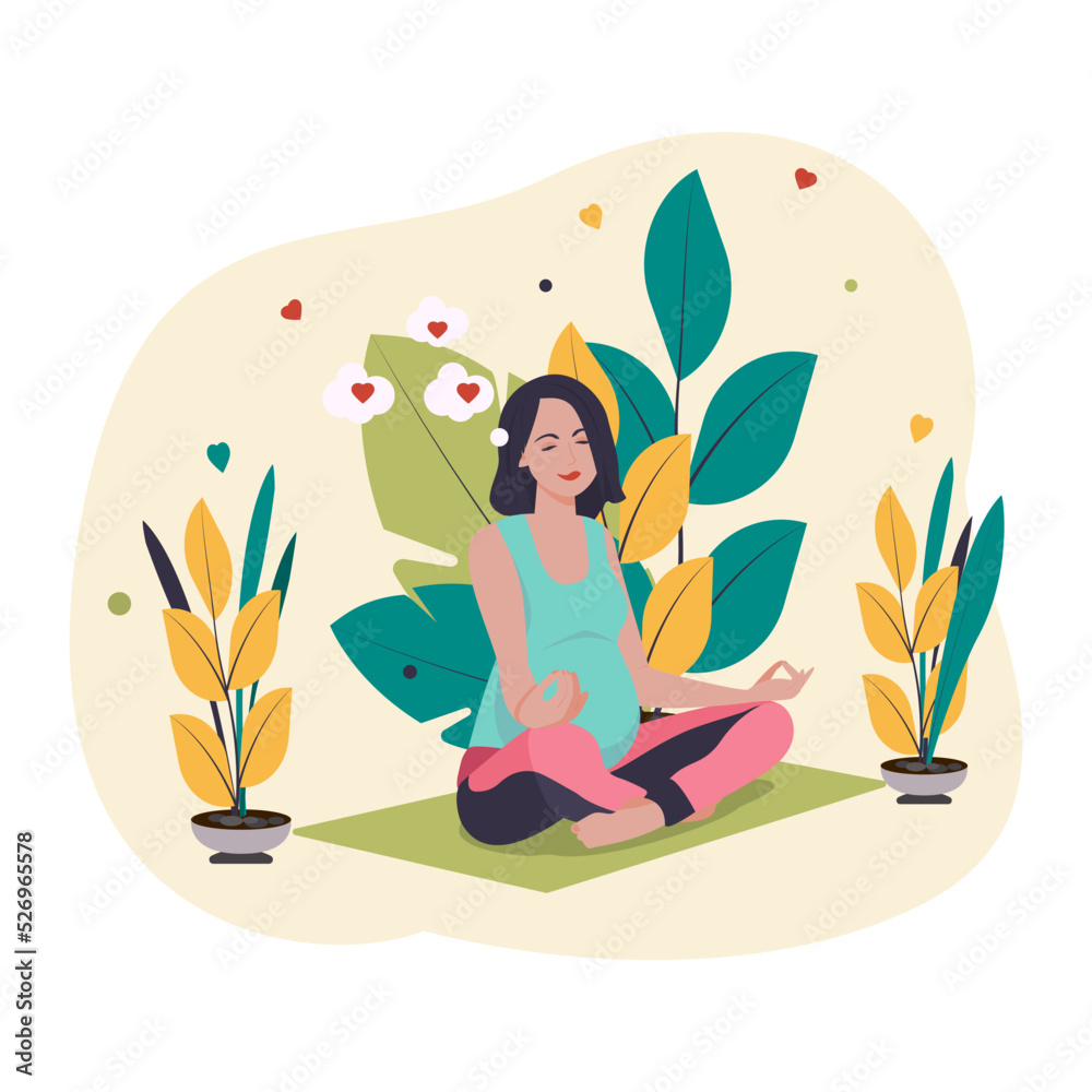 A young pregnant woman is meditating on the background of green and yellow leaves. Banner, poster for projects Pregnancy, Yoga. Flat illustration.