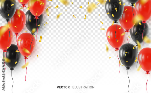 Banner design template with realistic red and black helium balloons, falling golden confetti and blank space in the center. Realistic vector illustration isolated on transparent background