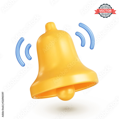 Ringing bell icon. Yellow notification bell, concept of social media reminder. 3d vector illustration isolated on a white background