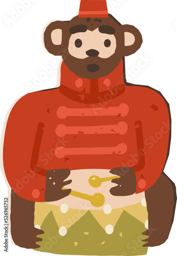 A retro toy of a monkey playing an instrument, an animal beating a drum, an orchestra musician children's old toy.