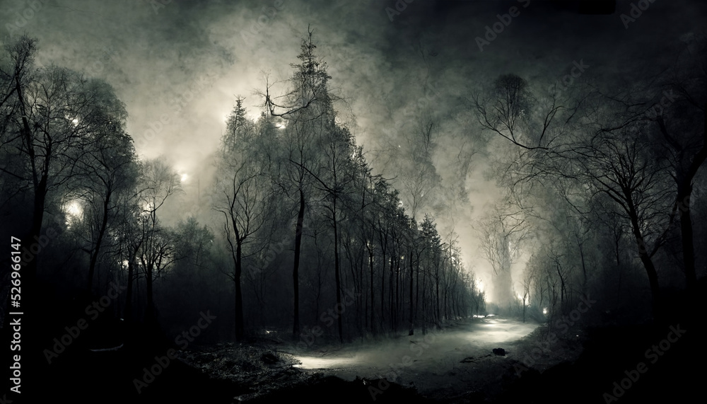 Obraz premium scary rainforest illustration on halloween night.3D illustration.Digital painting.