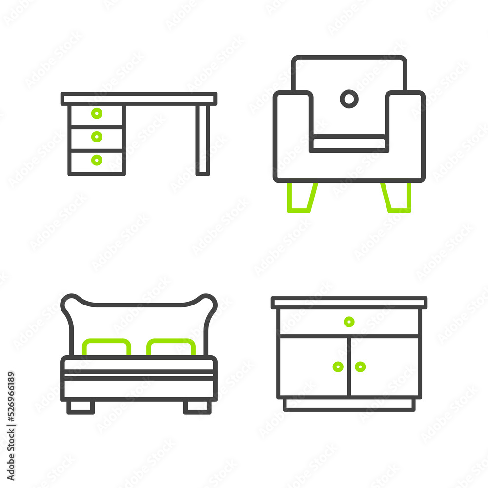 Set line Furniture nightstand, Big bed, Armchair and Office desk icon. Vector Set line Furniture nightstand, Big bed, Armchair and Office desk icon. Vector