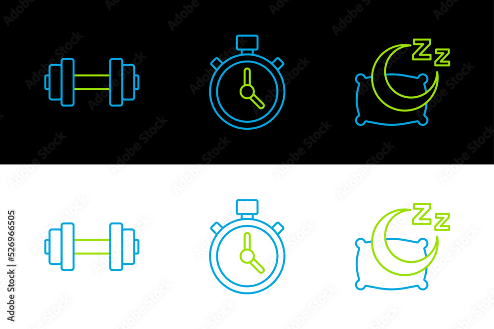 Set line Time to sleep, Dumbbell and Stopwatch icon. Vector Set line Time to sleep, Dumbbell and Stopwatch icon. Vector