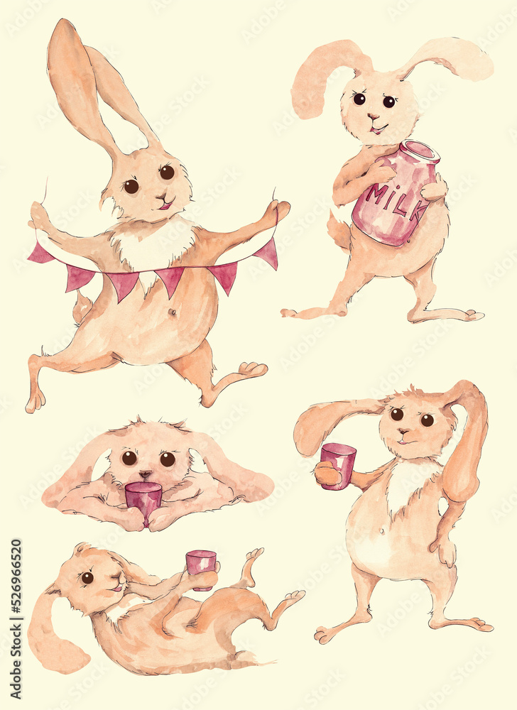 Obraz premium Watercolor set of illustrations of a cheerful hare in different poses. The hare dances with a garland, drinks from a mug, holds a jar of milk, lies on its back or stomach. Illustrations isolated