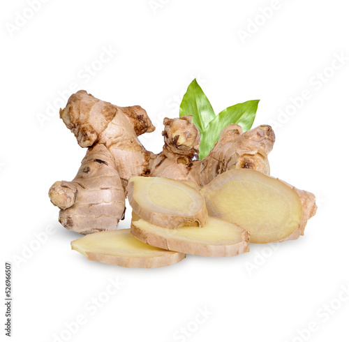 Obraz na plátně Fresh ginger rhizome and sliced with leaves isolated on transparent background