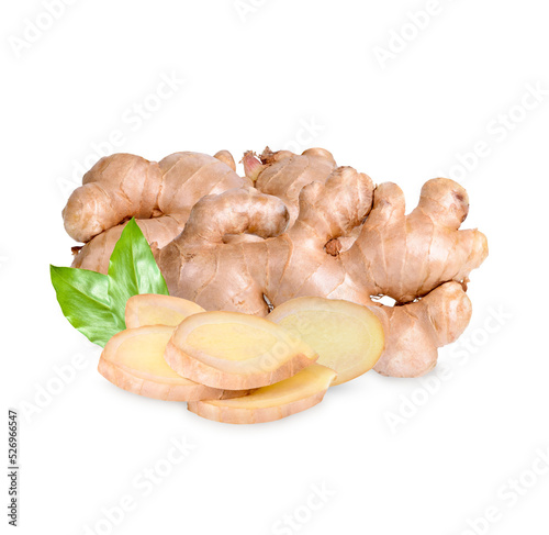 Fresh ginger rhizome and sliced with leaves isolated on transparent background. (.PNG)